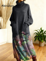 Women's Retro Flowers Geometric Patchwork High-neck Long-sleeve Casual Loose Knit Dress