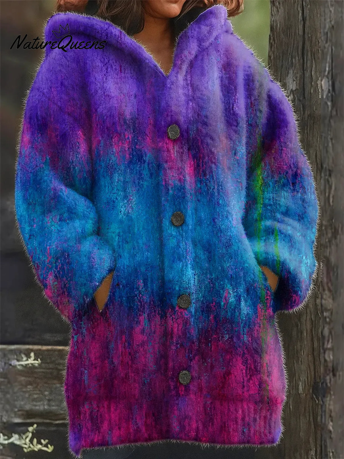 Women's Vintage Gradient Pattern Art Print Casual Fleece Coat