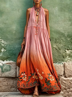 Ombre Tie-dye Halter Neck Embroidered Linen-cotton Maxi Dress