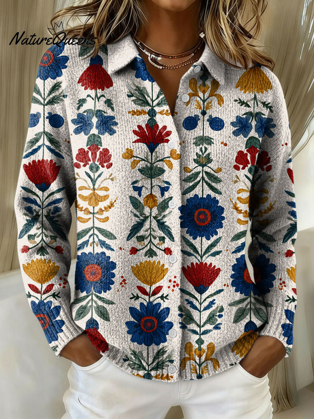 Women's Vintage Flower Geometric Abstract Pattern Art Print Cowl Neck Sweater