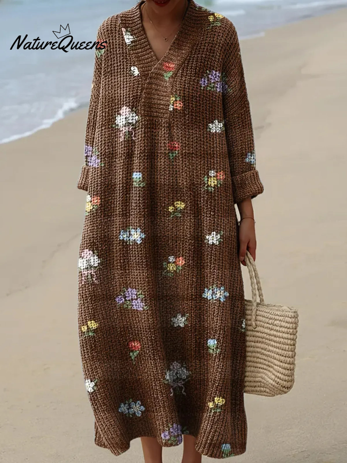 Women's Vintage Flower Art Print Casual Cotton Knitted Dress