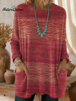 Women's Retro LineArt Pattern Art Print Casual Cotton Knitted Sweater