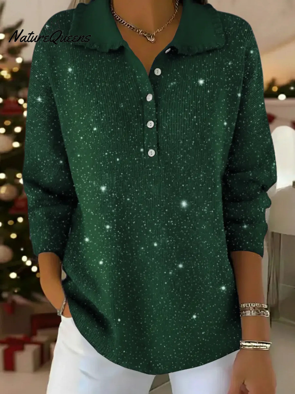 Women's Solid Color Peter Pan Collar Long Sleeve Casual Loose Sequined Knit Top