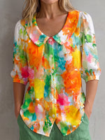 Watercolor Floral-print Peter Pan Collar Cotton-linen Blouse