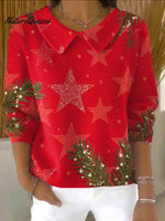 Women's Christmas Tree Print Casual Peter Pan Collar 3/4 Sleeve Sweater