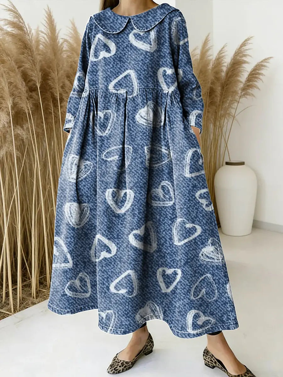 Women Love Pattern Art Print Casual Denim Dress