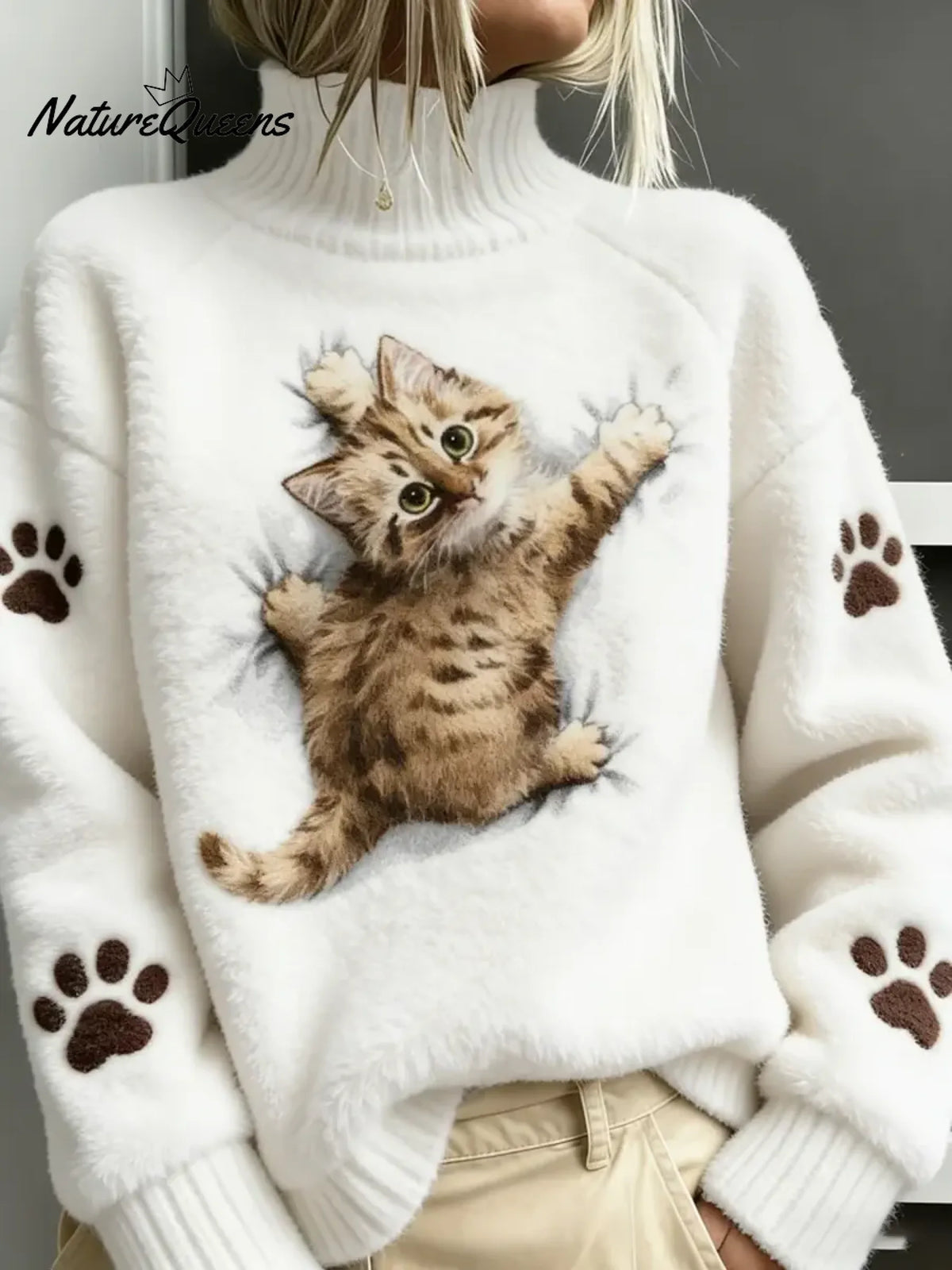 Women's Funny Cat Pattern Art Print Casual Velvet Sweater