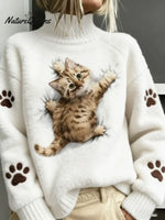Women's Funny Cat Pattern Art Print Casual Velvet Sweater