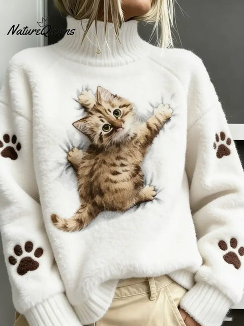 Women's Funny Cat Pattern Art Print Casual Velvet Sweater