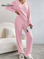 Women's Solid Color Casual Straight Leg Pants Loose V-neck Knit Set