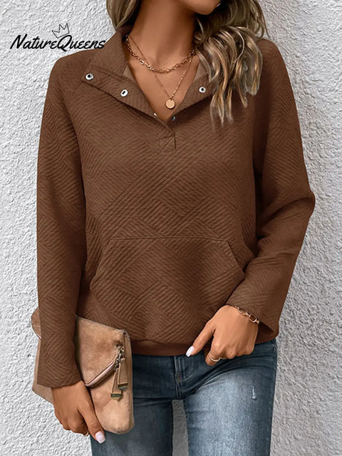 Women's Solid Color V-Neck Long Sleeve Casual Loose Sweatshirt