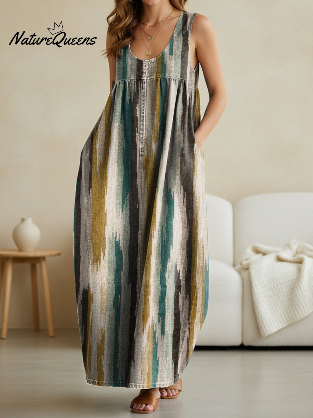 Women's Vintage Stripe Pattern Art Print Casual Loose Denim Vest Dress