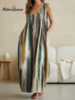 Women's Vintage Stripe Pattern Art Print Casual Loose Denim Vest Dress