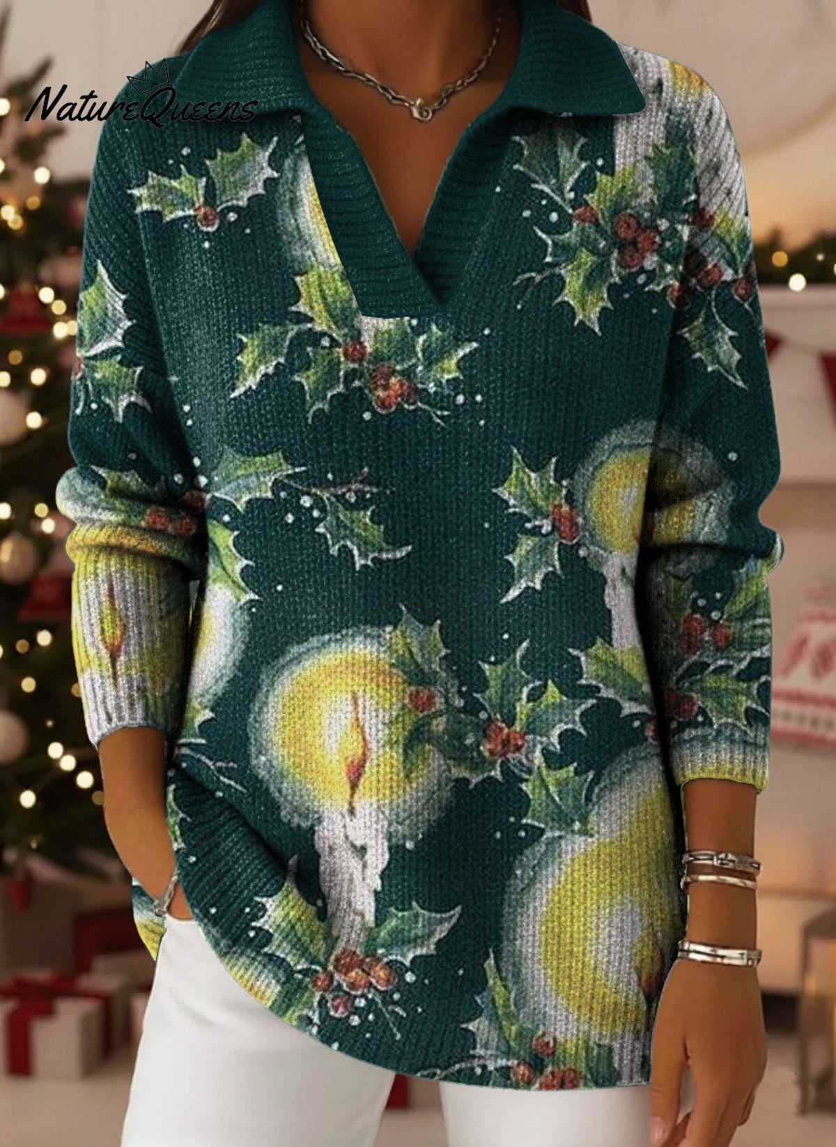 Retro Christmas Candle Art Pattern Polo Collar Shiny Loose Sweater Top