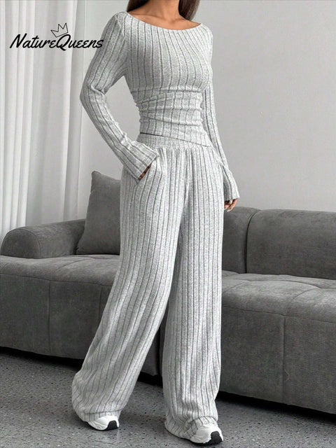 Women's Casual Striped Loose Long Sleeve Top Pants Knitted Suit