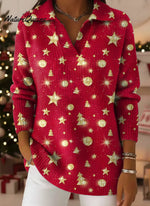 Vintage Golden Christmas Tree Print Lapel Casual Knit Sweater