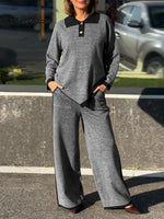 Women's Color-blocked Collared Long-sleeved Casual Loose Knit Top And High-waisted Color-blocked Wide-leg Trousers Set