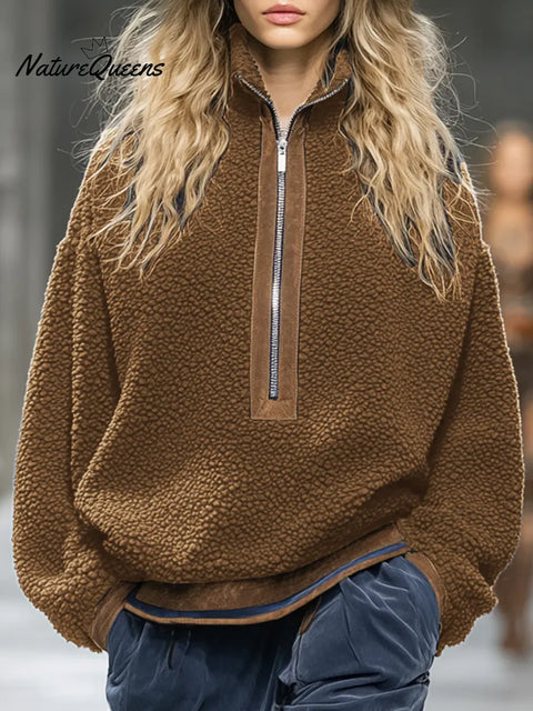 Women's Solid Color Stand Collar Long-sleeved Fleece Loose Top