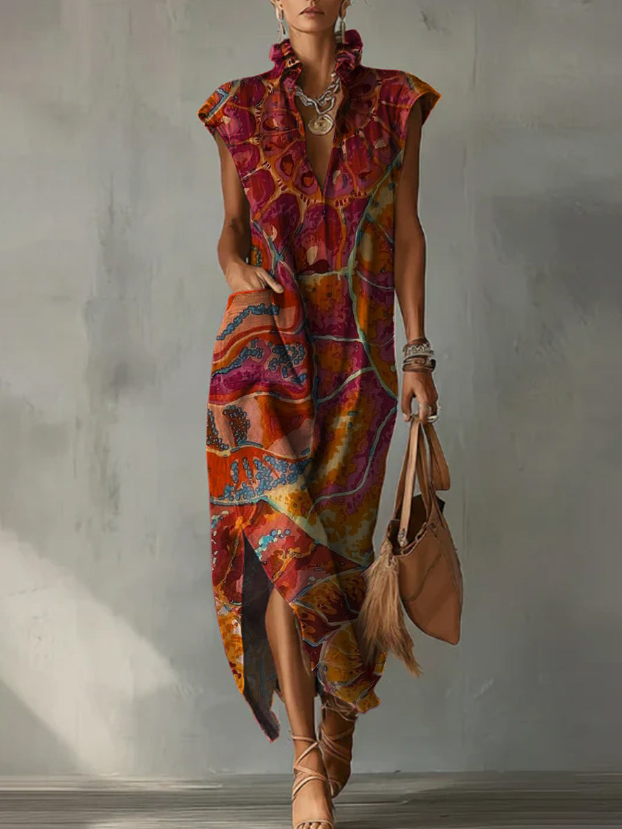 Casual Loose-fit Cotton-linen Dress With Cap Sleeves And Vintage Abstract Oil Painting Print