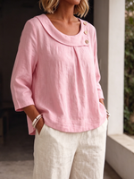 Breathable Cotton-linen Shirt With Soft-fold Neckline (lagenlook Style)