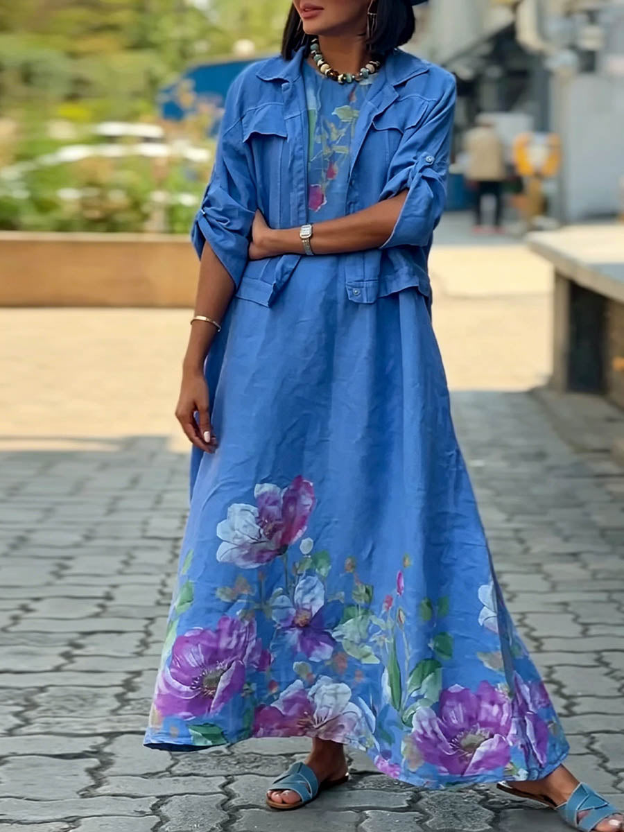 Women's Cotton-linen Set: Solid-color Lapel Long-sleeve Casual Loose Cropped Cardigan & Placement-print Round-neck Sleeveless A-line Dress