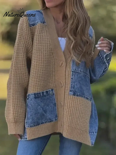 Women's Casual Loose Patchwork Denim Cardigan Sweater