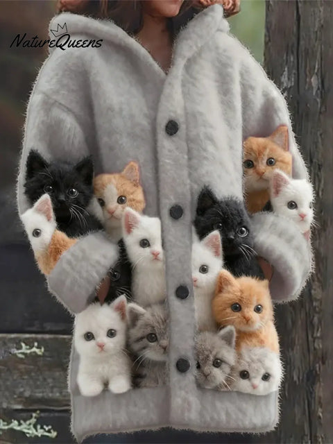 Women's Funny Cats Pattern Art Print Casual Fleece Coat