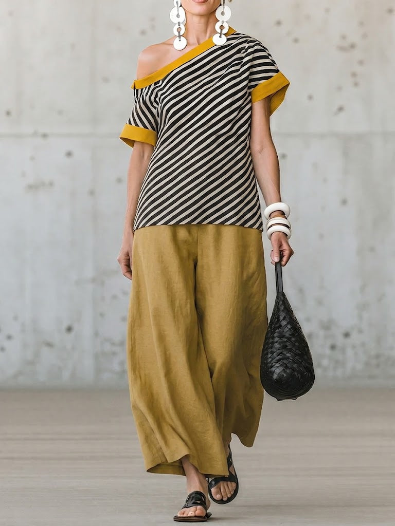 Fashionable Casual Two-piece Set: Striped Linen & Cotton Patchwork One-shoulder Top And Solid-color Trousers