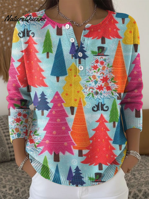 Women's Christmas Colors Trees Pattern Art Print Buttoned Cardigan Sweater