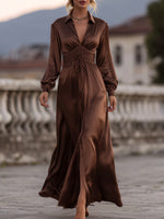 Satin Cinched Waist Mocha Brown - Maxi Dress
