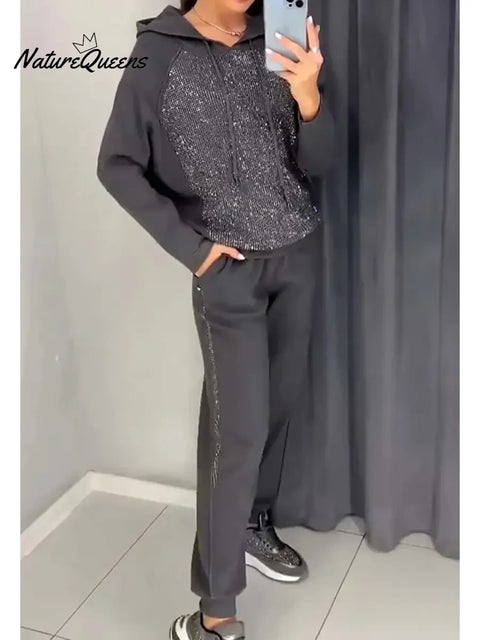 Women's Casual Shiny Cotton Hooded Sweatshirt And Pants Two-piece Set