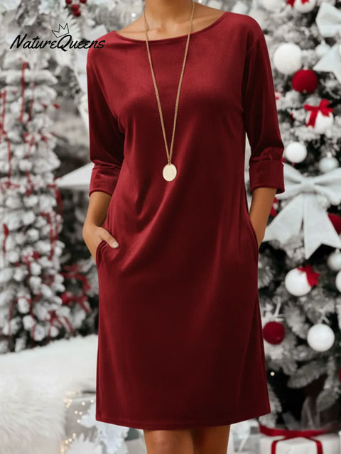 Christmas Elegant Round Neck Velvet Loose Mini Dress