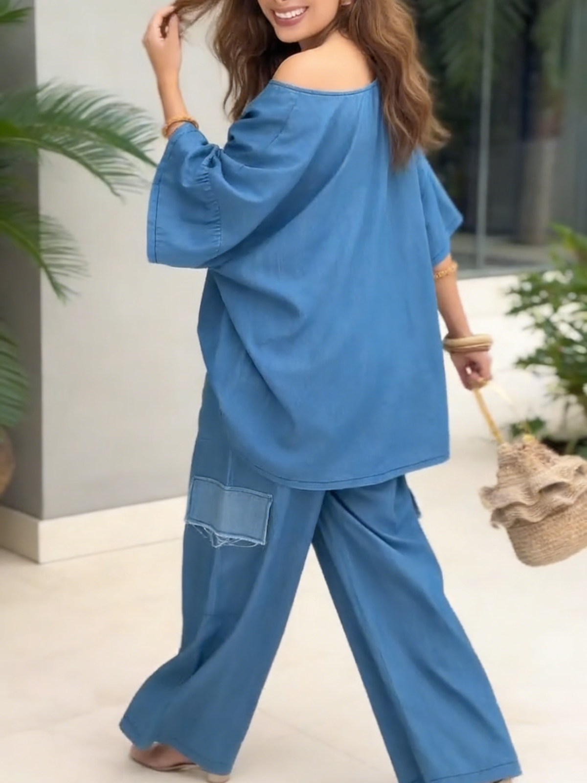 Casual Floral Off-the-shoulder Denim Cotton Top