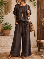 Women's Cotton-linen Set: Round-neck Short-sleeve Loose-fit Casual Top & High-waisted, Loose, Wide-leg Pants