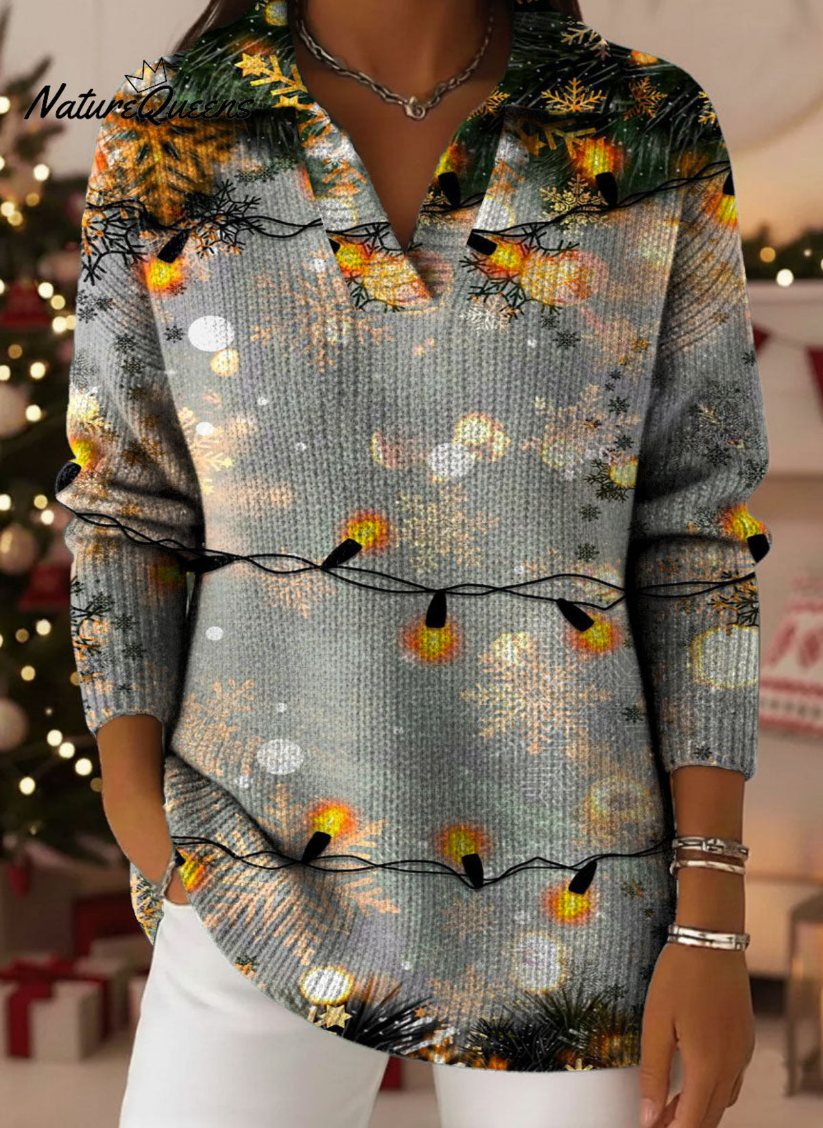 Christmas Light Strip Snowflake Gradient Art Pattern Polo Collar Shiny Loose Sweater Top