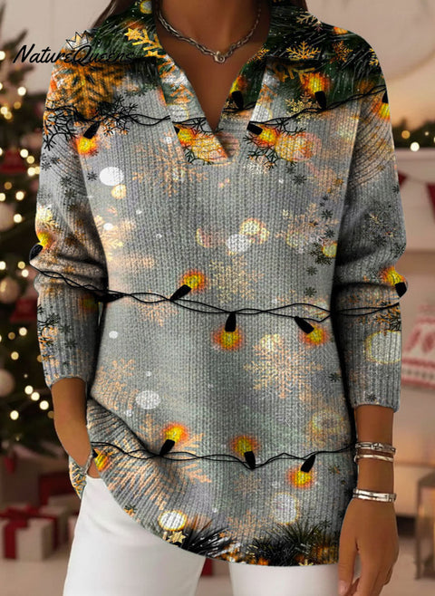 Christmas Light Strip Snowflake Gradient Art Pattern Polo Collar Shiny Loose Sweater Top