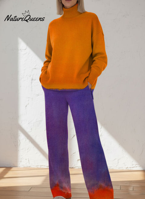 Women's Color Gradient Pattern Art Print Casual Knitted Cotton Top Pants Suit