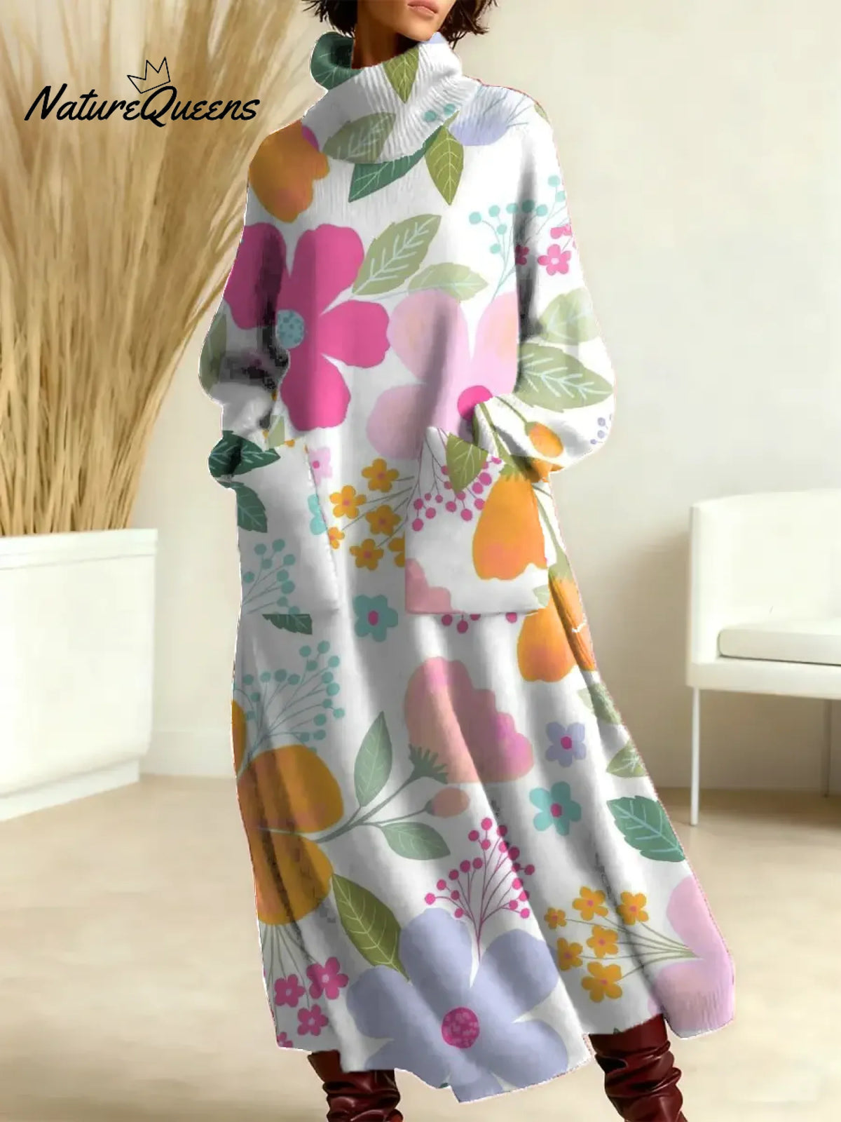 Women's Vintage Flower Pattern Art Print Casual Cotton Knitted Dress