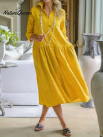 Women's Solid Color Lapel Long-sleeved Casual Loose Cotton And Linen Shirt Dress