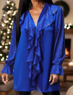 Christmas Romantic Sparkling V-neck Ruffled Pullover Shirt