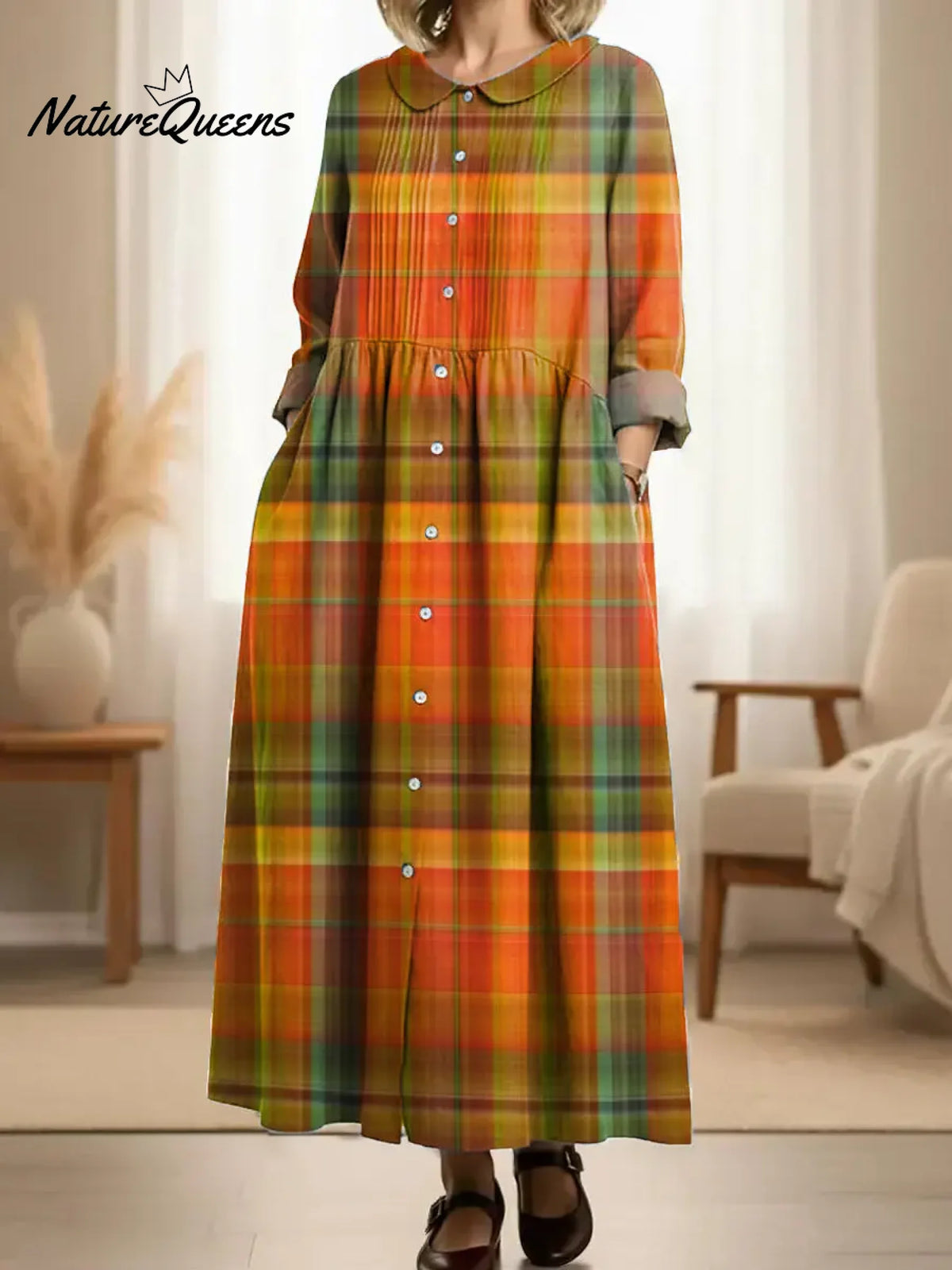Women's Plaid Pattern Art Print Casual Cotton Dress