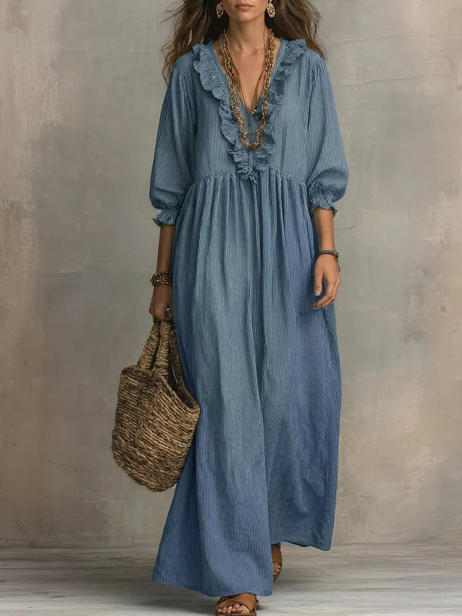 Women's Striped Art Print Casual Stylish Ruffled Vacation Maxi Dress