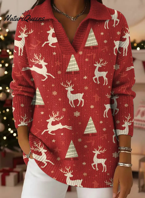 Women's Christmas Deer Pattern Art Print Casual Cotton Sweater
