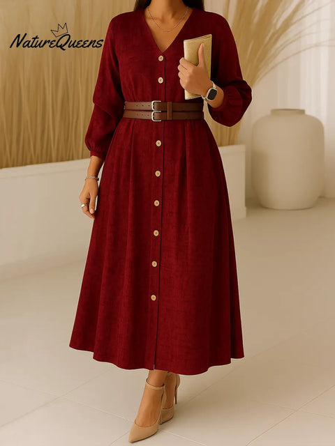 Women's Solid Color V-Neck Long Sleeve Casual Loose A-Line Dress