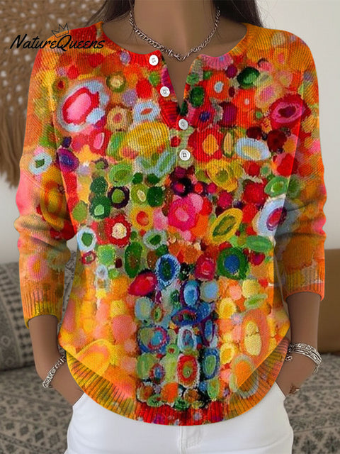 Women's Multicolor Flowers Pattern Art Print Buttoned Cardigan Sweater