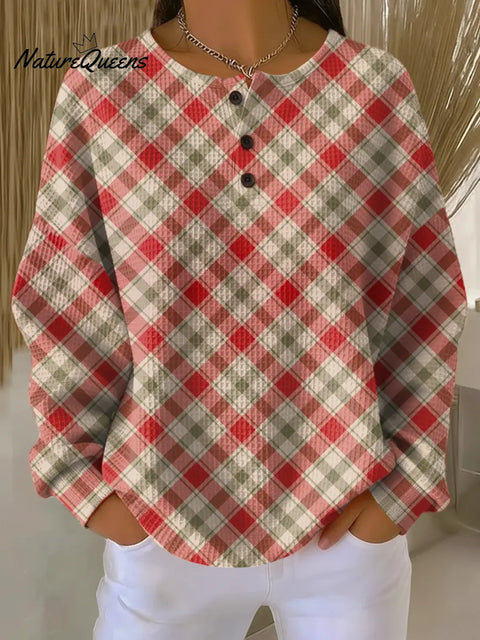Women's Plaid Pattern Art Print Casual Waffle Sweatshirt