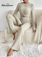 Women's Solid Color Two-piece Set Long-sleeved Top Slim-fit Pants