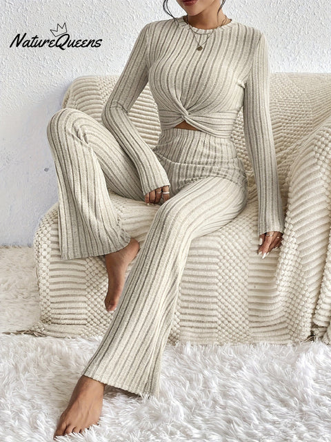 Women's Solid Color Two-piece Set Long-sleeved Top Slim-fit Pants