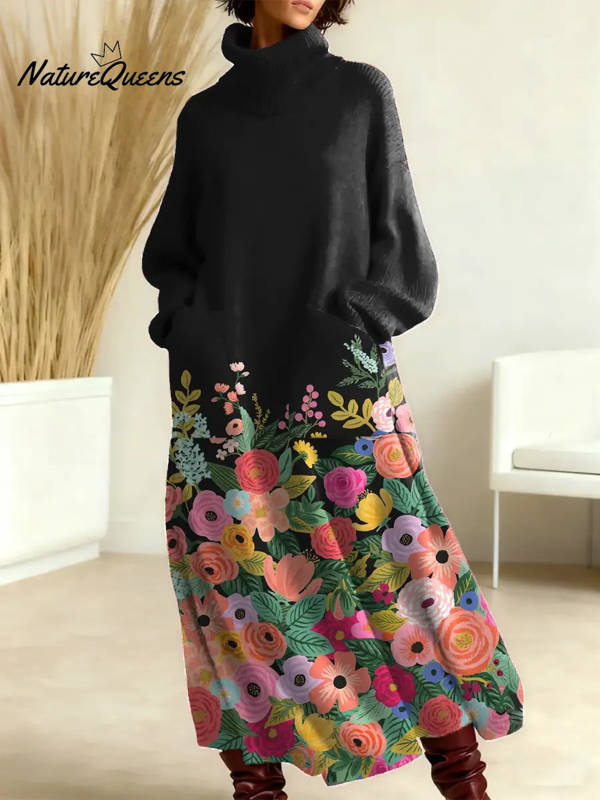 Women's Vintage Flower Art Print Casual Cotton Knitted Dress