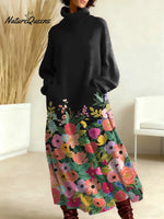 Women's Vintage Flower Art Print Casual Cotton Knitted Dress